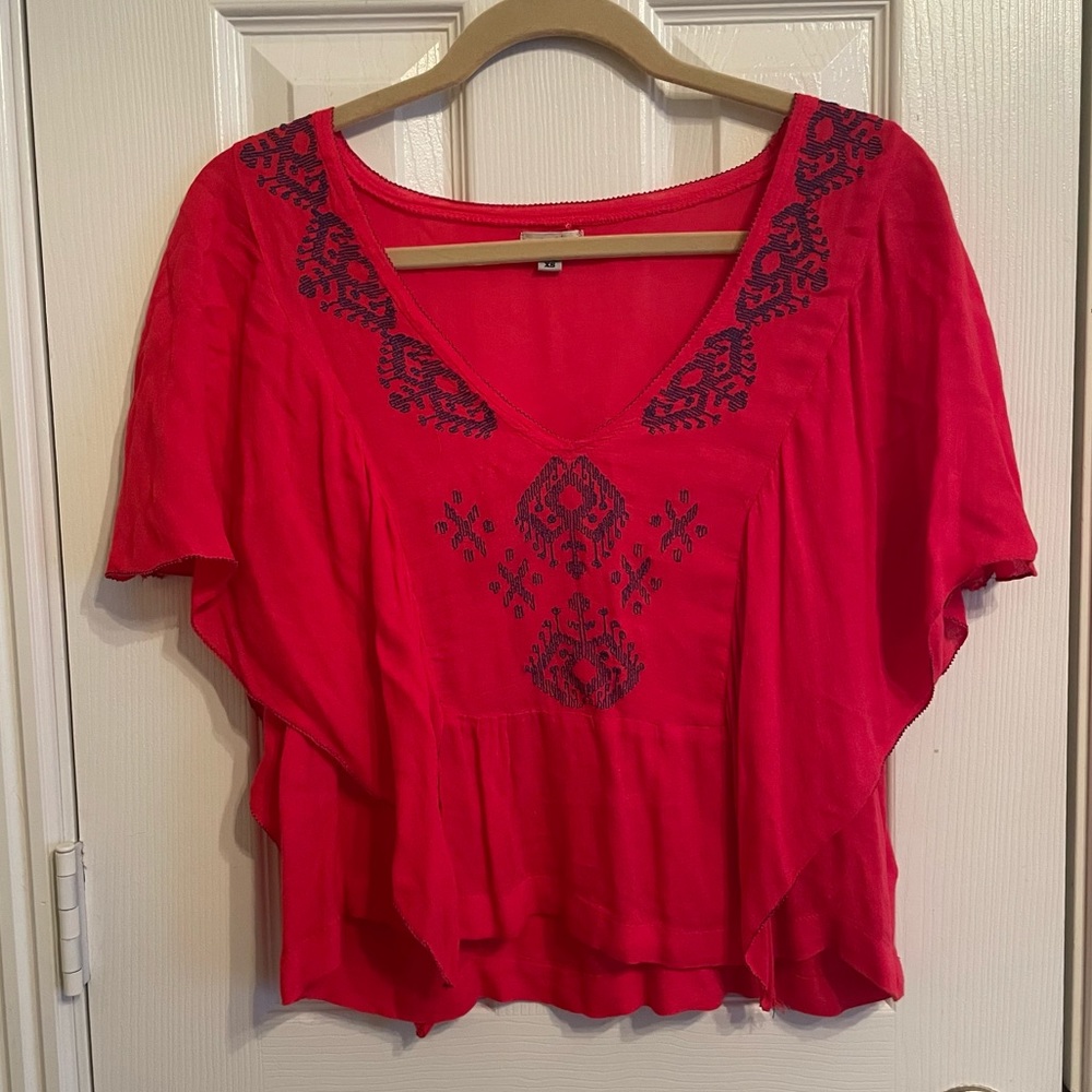 Urban Outfitters Red Embroidered Blouse
